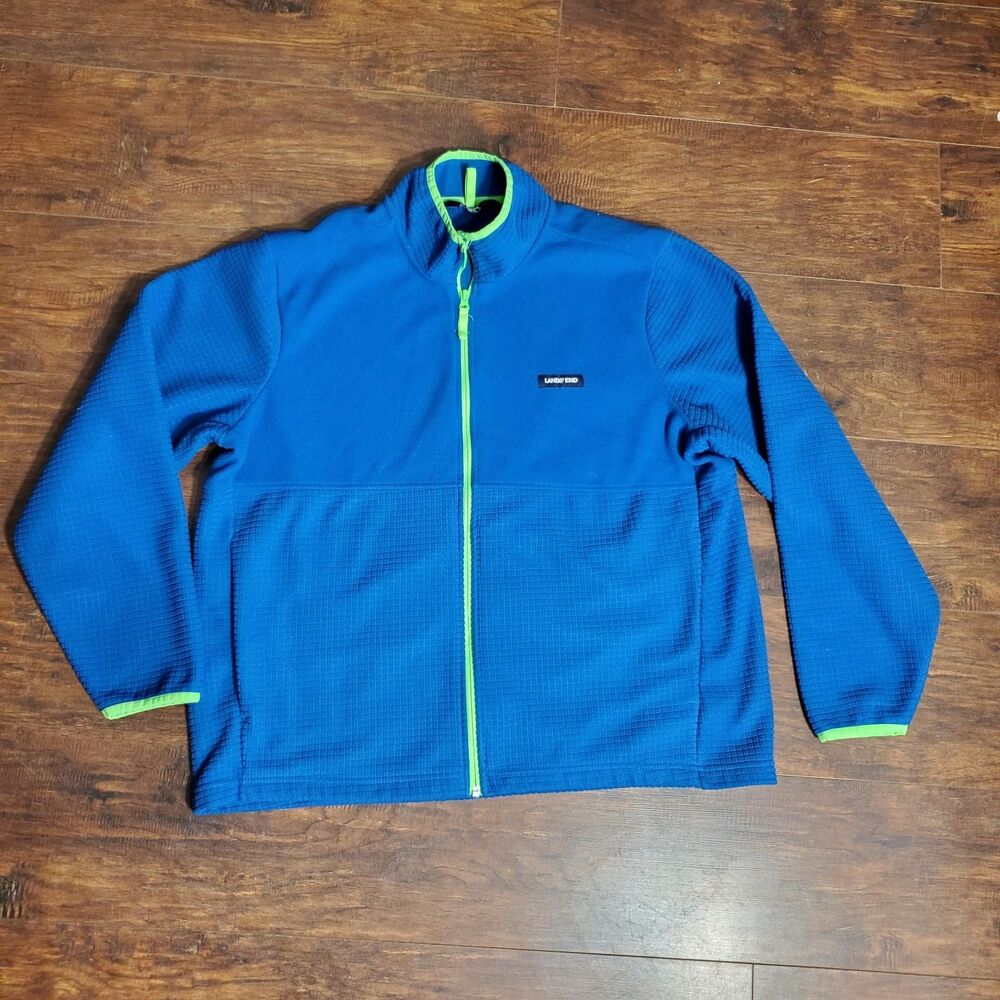 Lands End Men's grid fleece full zip jacket XL 46-48 blue/green trim long sleeve